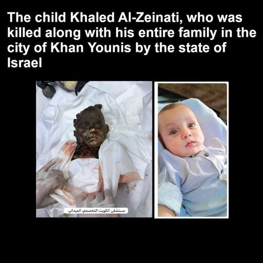 The child Khaled Al-Zeinati, who was killed along with his entire family in the city of Khan Yunis by the state of Israel.

Image showing badly burned baby with an image of him when he was alive on the right of it. 