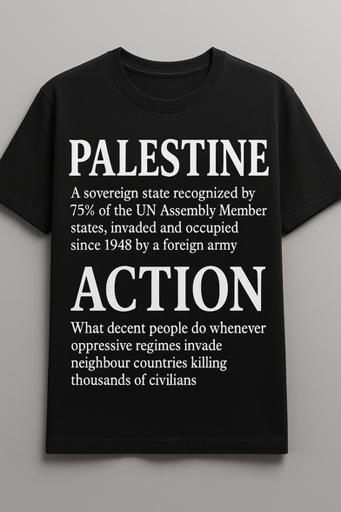 Photo of a black t-shirt with white text

[large letters]  Palestine
[smaller letters] A sovereign state recognized by
75% of the UN Assembly Member
states, invaded and occupied
since 1948 by a foreign army

[large letters] Action
[smaller letters] What decent people do whenever
oppressive regimes invade
neighbour countries killing
thousands of civilians
