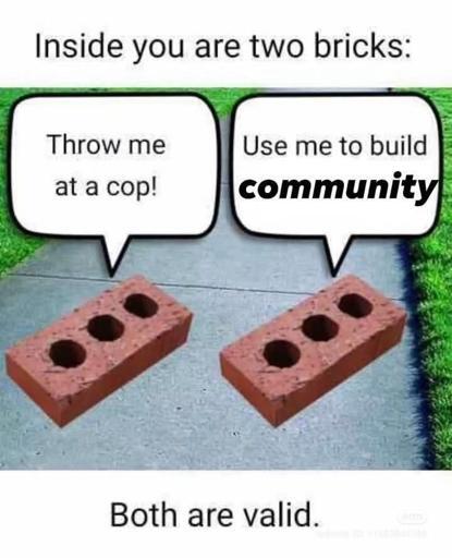 Inside of you there are two bricks. one says throw me at cops and the other use me to build community. Both are valid.