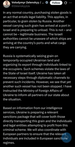 Zelensky crying about russian grain